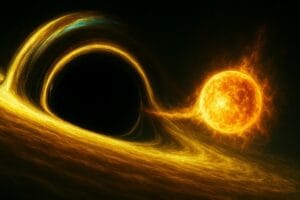 Wykonana przez SI wizja przedstawiająca gwiazdę,
która przeżyła spotkanie z supermasywną czarną dziurą