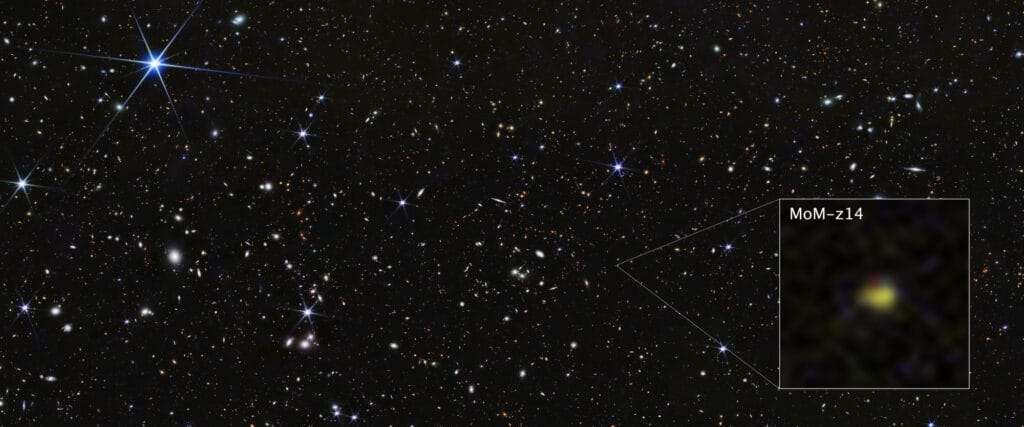 Galaktyka MoM-z14 widziana 200 milionów lat po Wielkim Wybuchu
