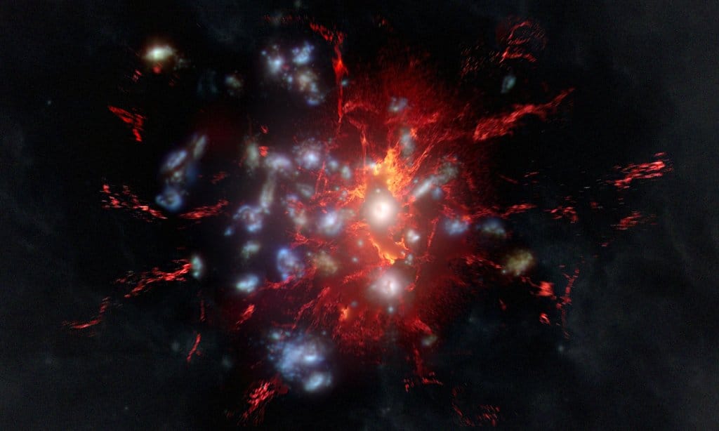 Ilustracja rozrzedzonego gazu molekularnego (czerwony) otaczającego galaktyki w jądrze protogromady SPT2349-56