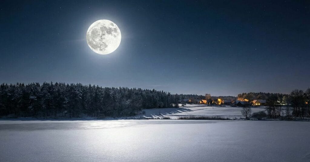 Księżyc w pełni świecący jasno nad lasem i polem ze śniegiem