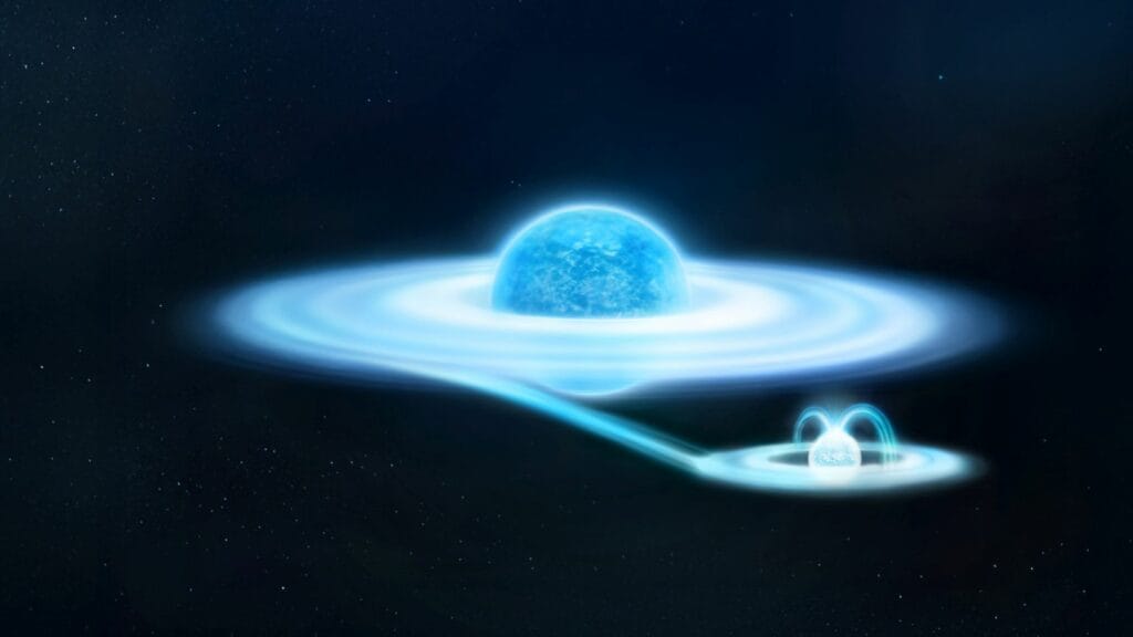 Wizja artystyczna układu γ Cas — masywna niebieska gwiazda Be z dyskiem materii i mały, gęsty biały karzeł pochłaniający strumień gazu