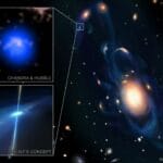 Ilustracja kompozytowa pokazująca grupę zderzających się galaktyk z długimi, niebieskimi strumieniami gazu