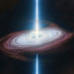 Wizja artystyczna magnetara otoczonego precesującym dyskiem akrecyjnym z niebiesko-białymi dżetami naładowanych cząstek