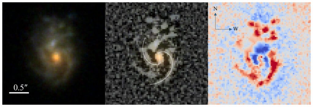 Zdjęcia z Kosmicznego Teleskopu Jamesa Webba przedstawiające COSMOS-74706 z widocznymi ramionami spiralnymi i potencjalną strukturą centralnej poprzeczki zaznaczoną białymi liniami