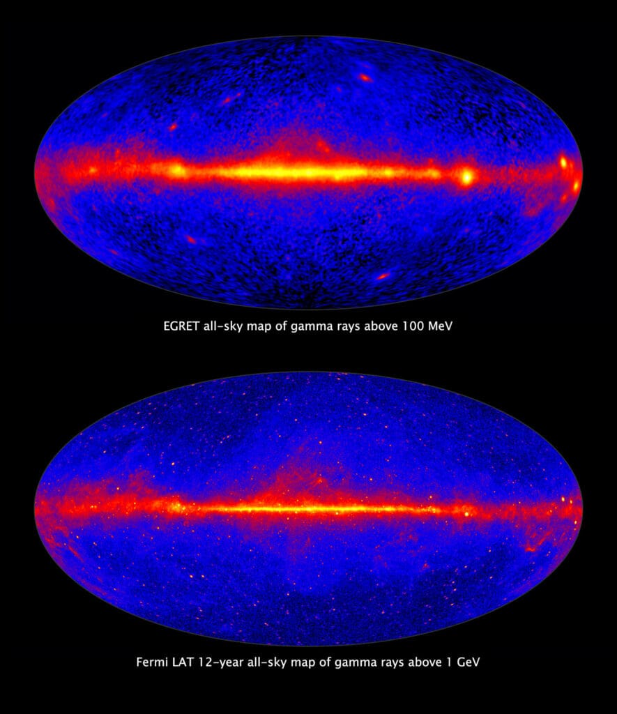 Tło: mapa nieba w promieniach gamma z teleskopu Fermi-LAT