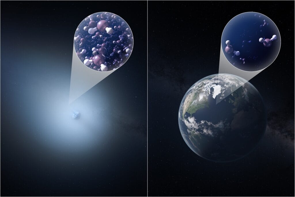 Wizja artystyczna porównuje zawartość wody półciężkiej w komecie międzygwiazdowej 3I/ATLAS (po lewej) i na Ziemi (po prawej). Wstawki ilustrują względną obfitość cząsteczek wody deuterowej (HDO), pokazując, że kometa 3I/ATLAS zawiera ponad 30 razy więcej HDO niż znajduje się w oceanach Ziemi