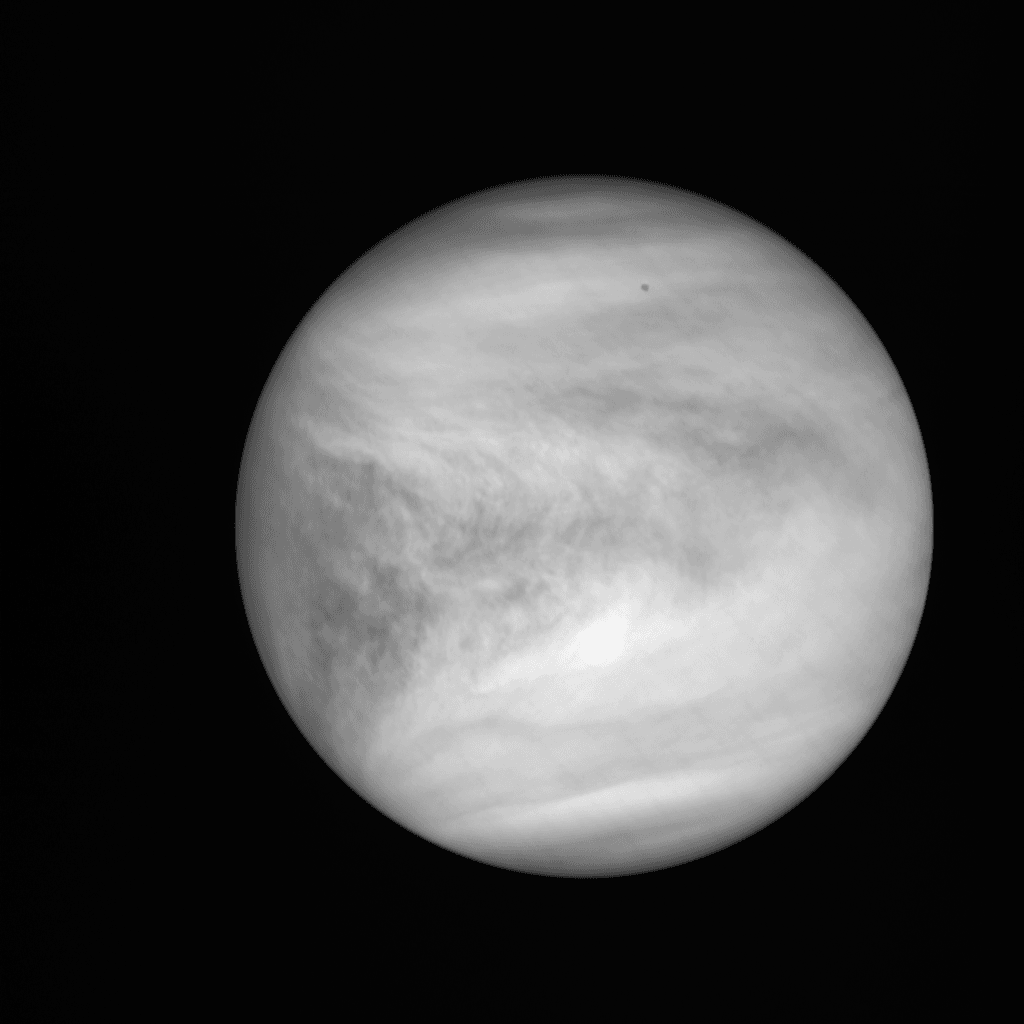 Szarawa planeta Wenus z ciemnymi, wirowymi smugami widocznymi w świetle ultrafioletowym na tle czarnego kosmosu.
