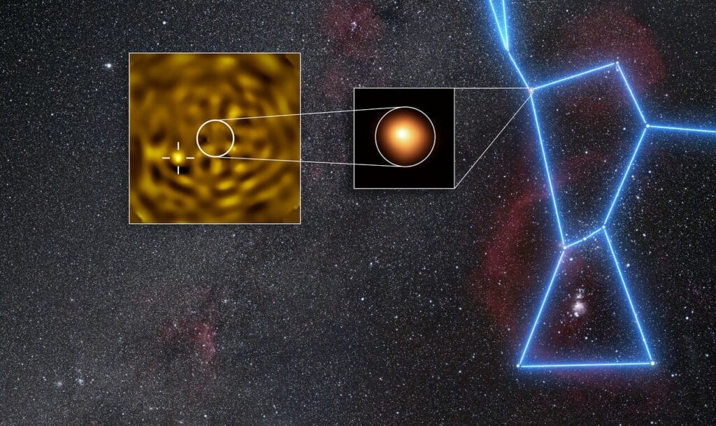 Kolaż: gwiazdozbiór Oriona z zaznaczoną Betelgezą, przybliżenie jej pomarańczowej powierzchni oraz jasny punkt gwiazdy towarzyszącej tuż obok