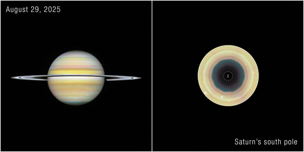 Saturn widziany z ukosa oraz zbliżenie jego bieguna południowego z widocznym dziesięciokątnym obrysem w chmurach.