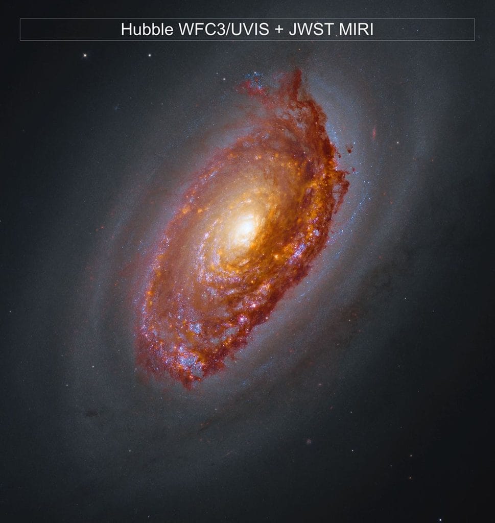 Pionowe zdjęcie spiralnej galaktyki M64, znanej jako Galaktyka Czarne Oko, na ciemnym tle usianym pojedynczymi gwiazdami. Galaktyka jest ukazana pod kątem. W jej centrum znajduje się jasne, żółtawobiałe jądro, otoczone spiralnymi ramionami. Przednią część galaktyki przecina szeroki, rdzawoczerwony pas pyłu, z widocznymi niebieskimi i różowymi obszarami, w których powstają gwiazdy. W górnej części obrazu umieszczono napis: „Hubble WFC3/UVIS + JWST MIRI”.