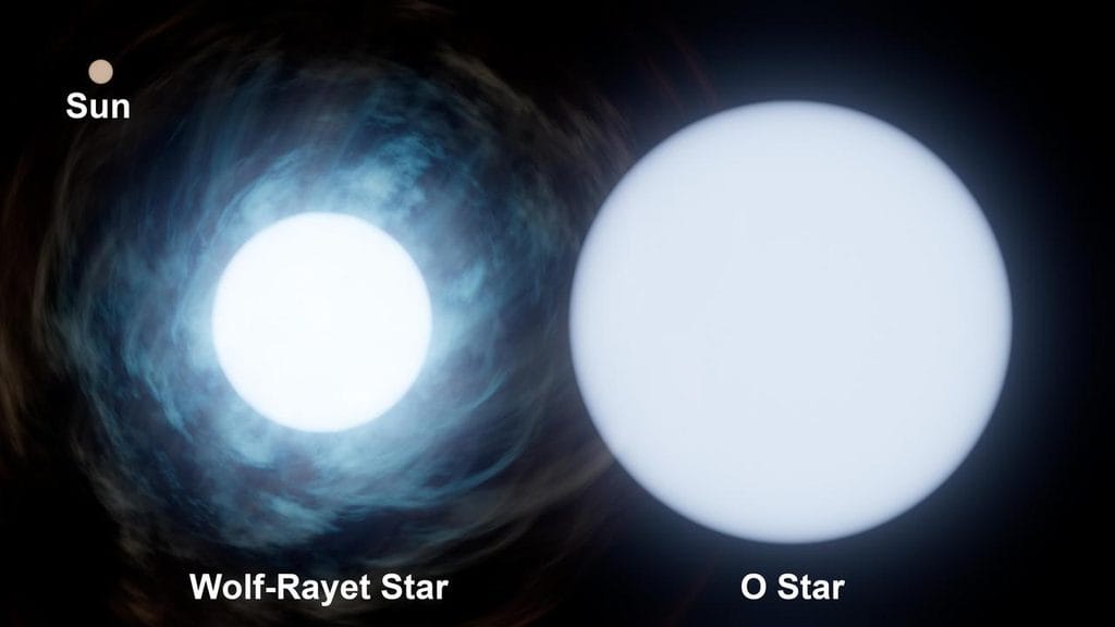 Porównanie rozmiarów Słońca z dwiema ogromnymi gwiazdami typu O w układzie podwójnym Wolf-Rayet 140, na tle czerni kosmosu.
