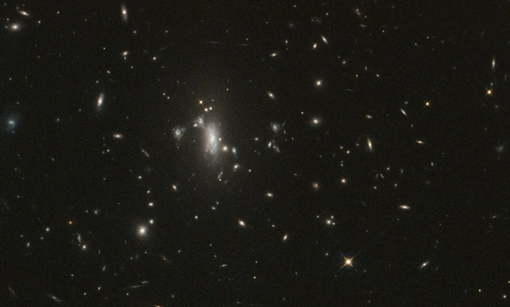 Zdjęcie gromady galaktyk MACS J0417 wykonane przez Kosmiczny Teleskop Hubble’a: na czarnym tle widać liczne galaktyki o różnych kształtach — spiralne, eliptyczne i wydłużone — z jaśniejszym, mgławicowym skupiskiem galaktyk w środkowej części oraz pojedynczą jasną gwiazdą z charakterystycznymi promieniami w prawym dolnym rogu.