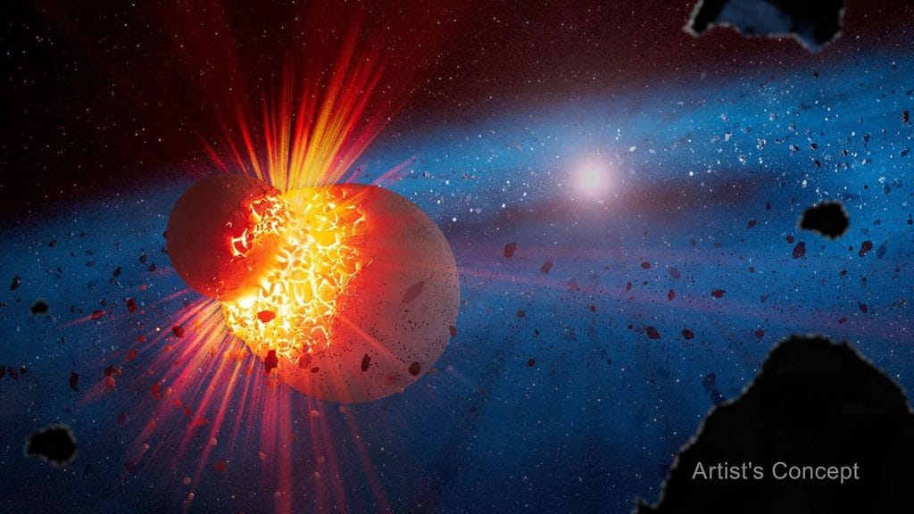 Wizja artystyczna przedstawia gwiazdę otoczoną niebieskim dyskiem pyłu i skał. Na pierwszym planie dochodzi do gwałtownego zderzenia dwóch ciał planetarnych, z którego uwalniają się jasne strumienie gorącej pary i odłamków.